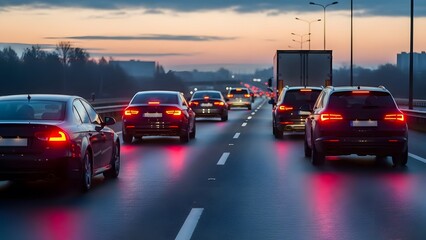 Night City Traffic with Cars Driving on Wet Roads Creating Light Reflections During Rush Hour