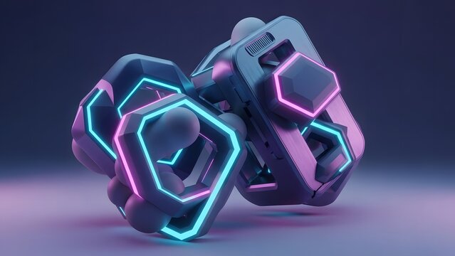 Abstract geometric cubes with glowing neon blue and pink outlines interlocking in a dark, futuristic setting. - Powered by Adobe