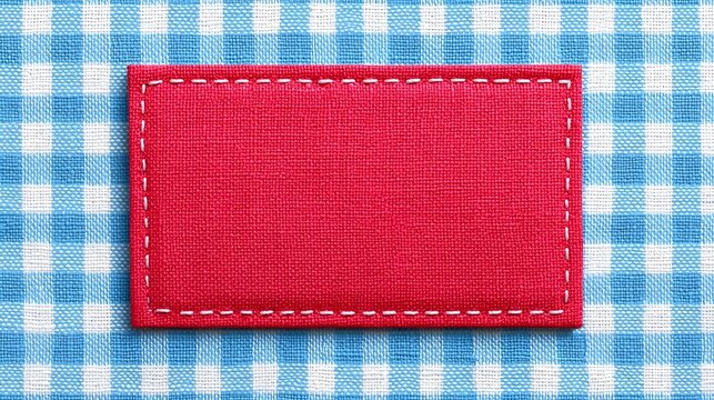 A vibrant red rectangular fabric tag embellished with detailed white stitching rests upon a classic blue and white gingham patterned background ideal for custom text or branding elements
