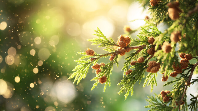 Macro photograph of Japanese cedar Sugi branches with pollen cones in spring sunlight