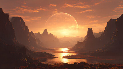 Celestial Glow: Witness the awe-inspiring beauty of a majestic sunset casting a warm golden hue over a serene lake, framed by towering mountains.