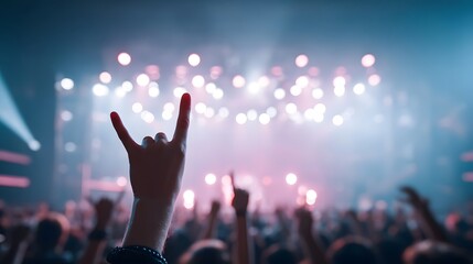 Enthusiastic concert goer raises hand in rock on gesture amidst a cheering crowd under vibrant blurred stage lights and smoke effects capturing the lively atmosphere of a live music performance