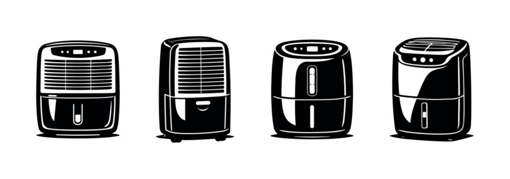 Home appliances vector icons set: dehumidifiers in black and white design
