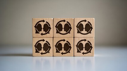 Wooden blocks with customer service icons arranged in a 2x3 grid symbolizing communication and customer support.