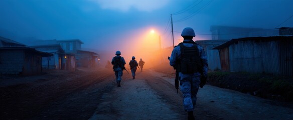Naklejka premium Peacekeeping forces bravely walking through fear and hope in a tense conflict zone.