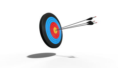 Archery target with three arrows hitting the bullseye - 3D rendering on a transparent background