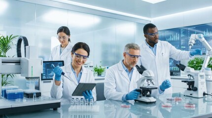 Fototapeta premium Innovative pharmaceutical research scientists in a cutting-edge lab enhancing drug discovery for future cures
