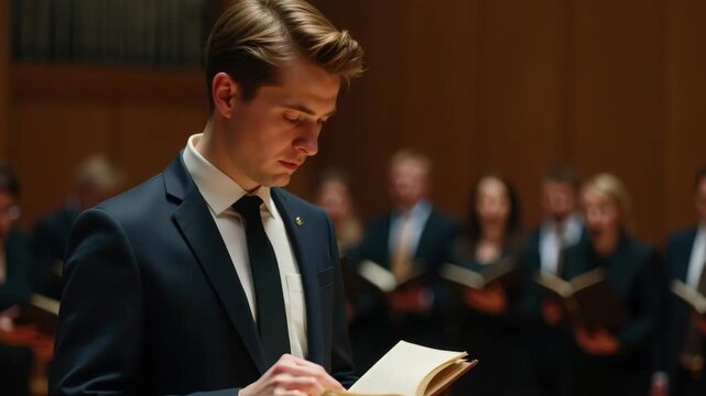 A focused young male choir singer reading a songbook during a performance. Close-up of a musician concentrating on sheet music on stage. Classical music and choral concert concept