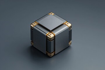 A metallic cube with gold accents. Sits on a dark gray surface, well-lit