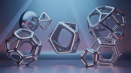 A collection of abstract 3D geometric shapes with glowing edges on a reflective surface, rendered in metallic silver tones.