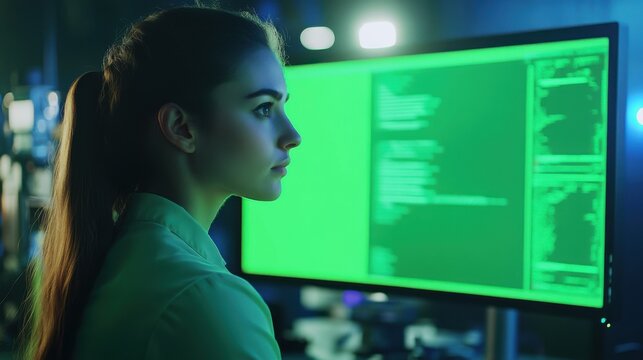 Focused programmer woman intently analyzes code on bright green computer screen - Powered by Adobe
