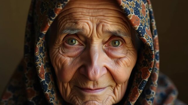 Close-up portrait of an elderly woman with deep wrinkles and wise green eyes. A hyper-realistic animation of a senior grandmother's face. The concept of aging and life experience