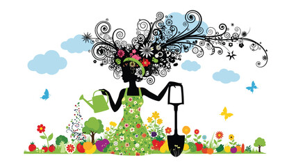 Naklejka premium Artistic silhouette of a woman gardening, with her hair made of flowers and trees, watering her vibrant garden of produce.