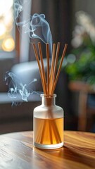 Aromatic Reed Diffuser With Orange Scented Oil Emitting Smoke On A Wooden Table