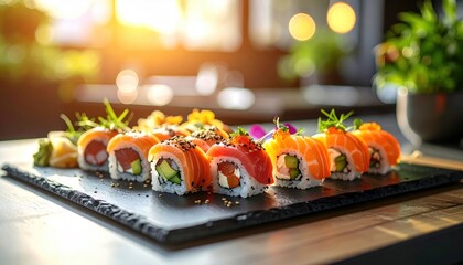Artfully Arranged Sushi Platter with Salmon Tuna Avocado Inside and Outside Fresh Garnish Salmon Roe Sesame Seeds Soft Sunlight Warm Atmosphere