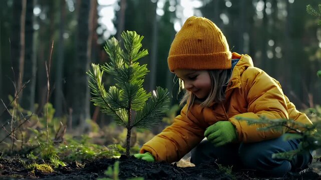 A young child in a yellow jacket and green gloves is planting a pine tree in a forest. The child is crouched on the ground, with one foot raised.