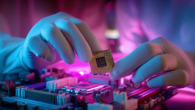 A hands-on demonstration of computer hardware assembly showcasing a specialized electronic chip being carefully placed onto a motherboard, emphasizing the intricate design and technology involved in