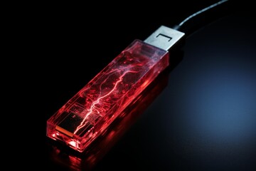 Red usb flash drive showing internal lightning on a dark reflective surface