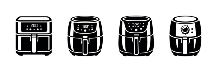 Air fryer vector icons set: kitchen appliance symbols, electric cooker designs