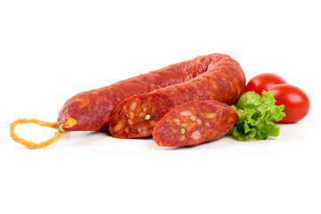 Chorizo Sausage with Tomatoes and Lettuce, isolated on white background