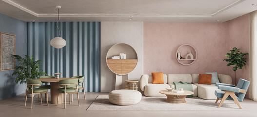 Fototapeta premium Organic Modern Living Room Interior with Fireplace, Soft Lighting and Neutral Color Palette, 3d rendering