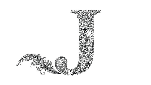 Intricate, hand-drawn letter J made from beautiful floral swirls, leaves, and hearts in a decorative black and white style.
