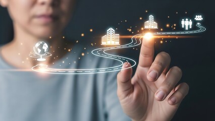 Man interacting with digital flowchart representing global business progression from earth to buildings and people through a winding virtual path on dark background.