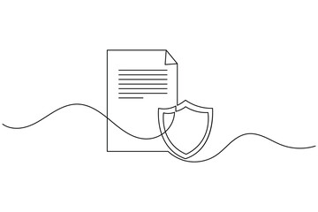 Obraz premium Continuous line art of shield and document for data protection and security