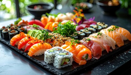 Assorted Sushi Platter With Salmon Tuna Avocado Rolls And Maki With Fresh Greens In Natural Lighting