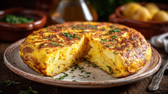 Delicious Spanish Tortilla on Rustic Plate: Traditional Potato and Egg Omelet Close-Up