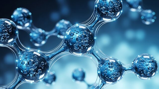 Close-up of a glowing blue molecular structure with bokeh effect