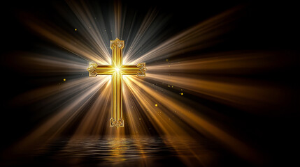 Obraz premium A shining golden cross against a dark background with radiating rays of light. A symbolic spiritual image of faith, hope, prayer, and divine presence.