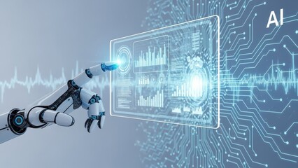 Robot is touching a screen with the word AI on it