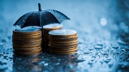 Financial Protection Concept: Coins Stacks Under Umbrella, Representing Savings, Investment, and Risk Management in Rainy Weather