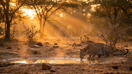 Golden Moment Leopard Thirst Wilpattu, Sri Lanka Wildlife