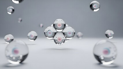 Abstract composition of transparent spheres with internal pink reflections, forming a central cluster and scattered on a clean grey surface.
