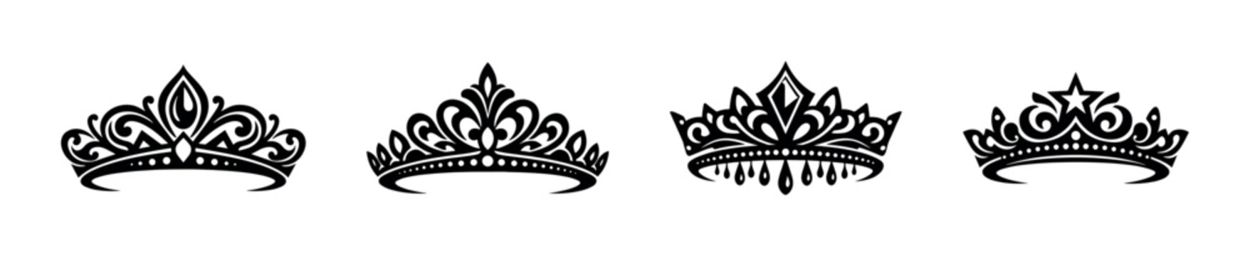 Crown and tiara vector icons set: black royal symbols, silhouette, regal emblems