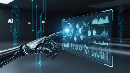 Robot arm is touching a screen with a blue and white design