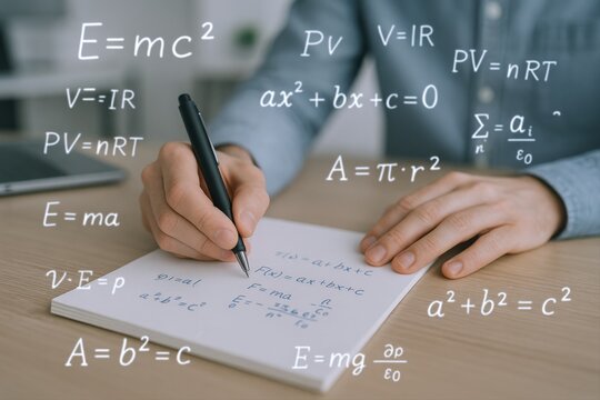 Person Solving Math Problems on Paper with Equations Floating Around, Demonstrating Knowledge and Academic Prowess