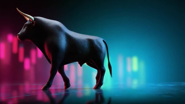 A Striking Visualization of a Powerful Bull Symbolizing Market Trends and Investment Opportunities in a Vibrant Financial Landscape with Colorful Graphs and Data Points in the Background
