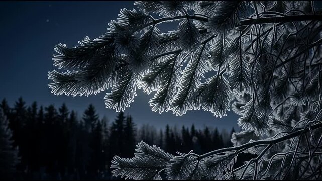 Frosted pine branches against dark forest and night sky backdrop