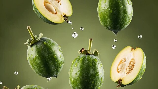 Vibrant and refreshing feijoa fruits in dynamic mid-air splash, revealing their juicy, textured interior and healthy appeal against a fresh green background