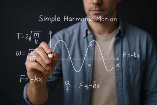 Man Explaining Simple Harmonic Motion on Glass Surface, Physics Concept, Educational Illustration - Powered by Adobe