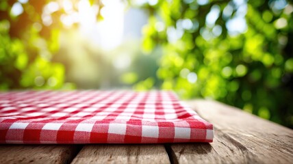 Rustic Picnic Table with Red Checkered Cloth in a Sunny Outdoor Setting