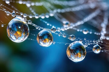 Dewdrops clinging to a spiderweb reflecting colorful background