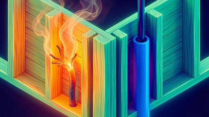 Obraz premium Cross section of a wall showing dangerous smoking electrical wire versus safe blue conduit system