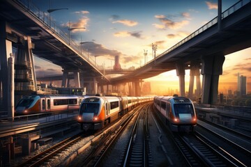Fototapeta premium Modern trains using public transport railway network in a big city at urban sunset