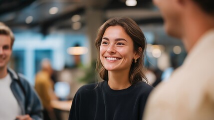 In a modern office setting, several people interact in a spacious corridor, exchanging ideas and laughter, reflecting a collaborative environment and the vibrant energy of teamwork and innovation.