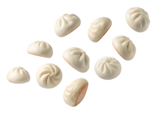 Assorted steamed dumplings and bao buns with pleated tops, dim sum collection close-up food cutout on isolated background