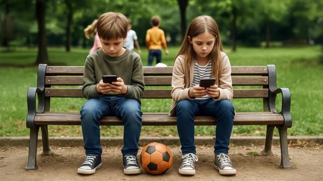 Two kids sitting side by side on a park bench, both absorbed in their phones, ignoring a ball at their feet and other children playing nearby.